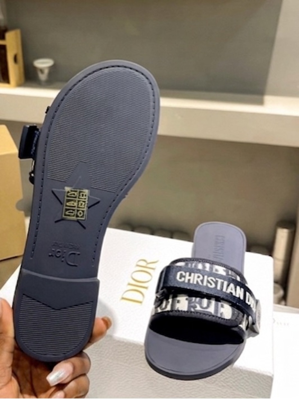 Dior Navy and Black Oblique Logo Slide Sandals - Picture 3 of 3